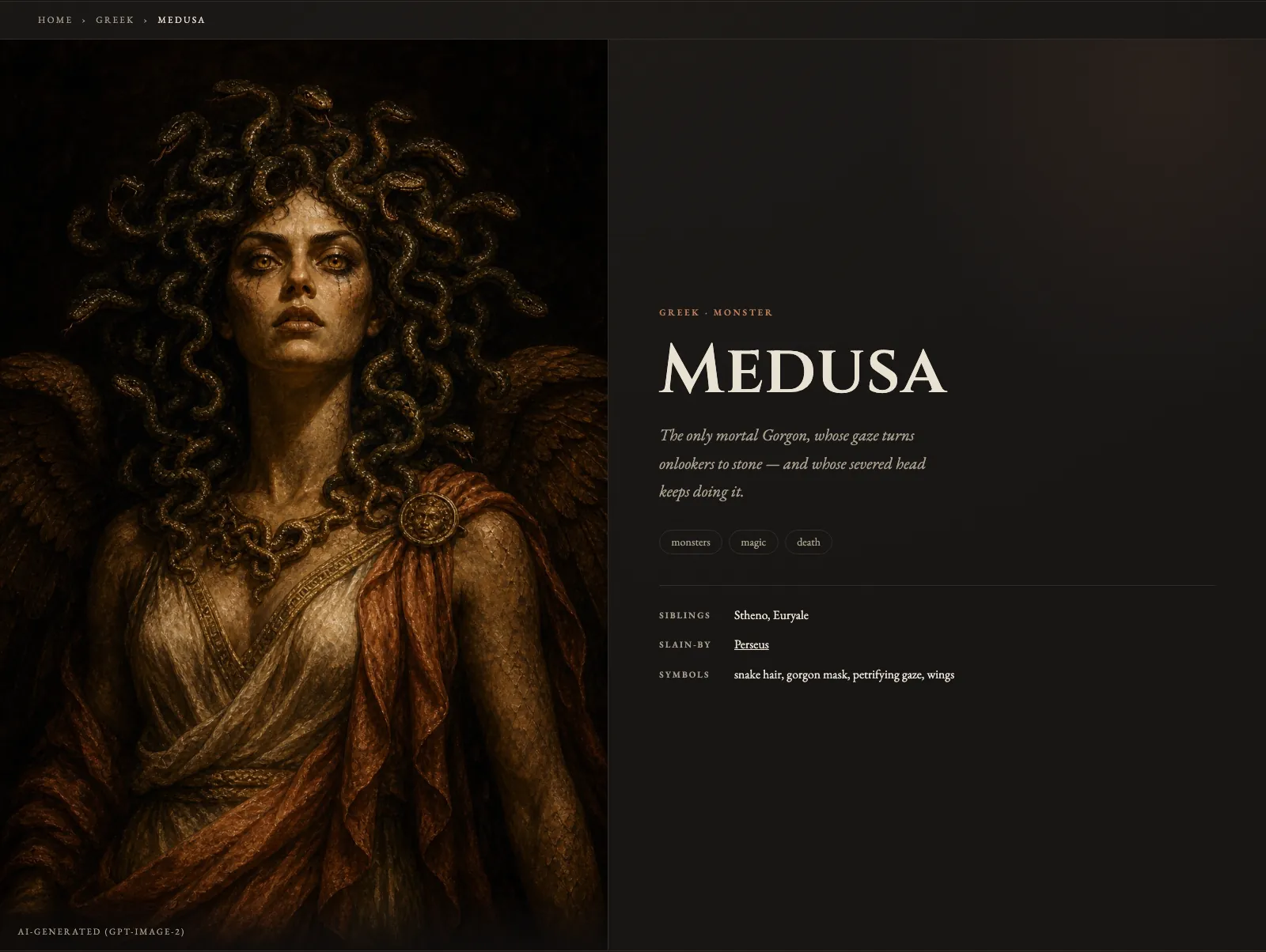The Medusa entry: a full-height portrait beside the name, tagline, domains, siblings, slayer, and symbols