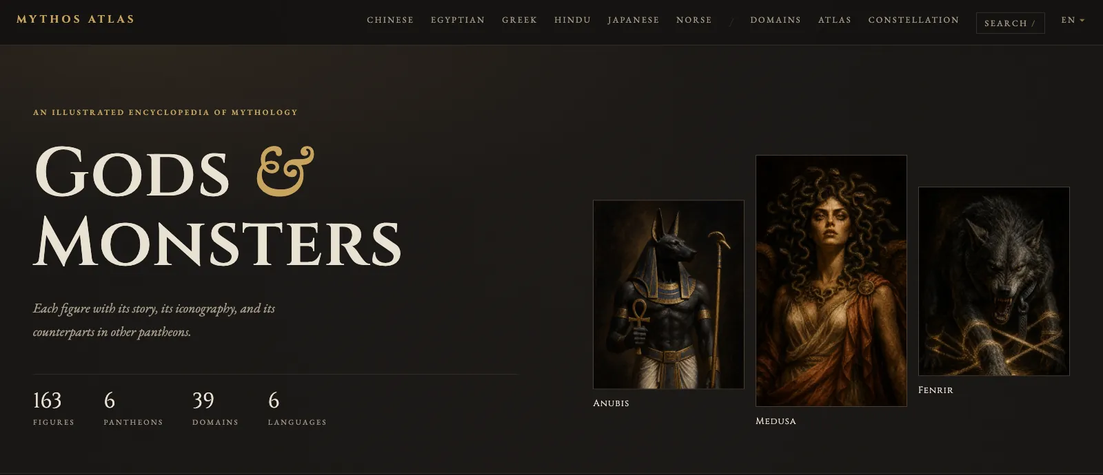 The Mythos Atlas home page: Gods & Monsters, with Anubis, Medusa, and Fenrir