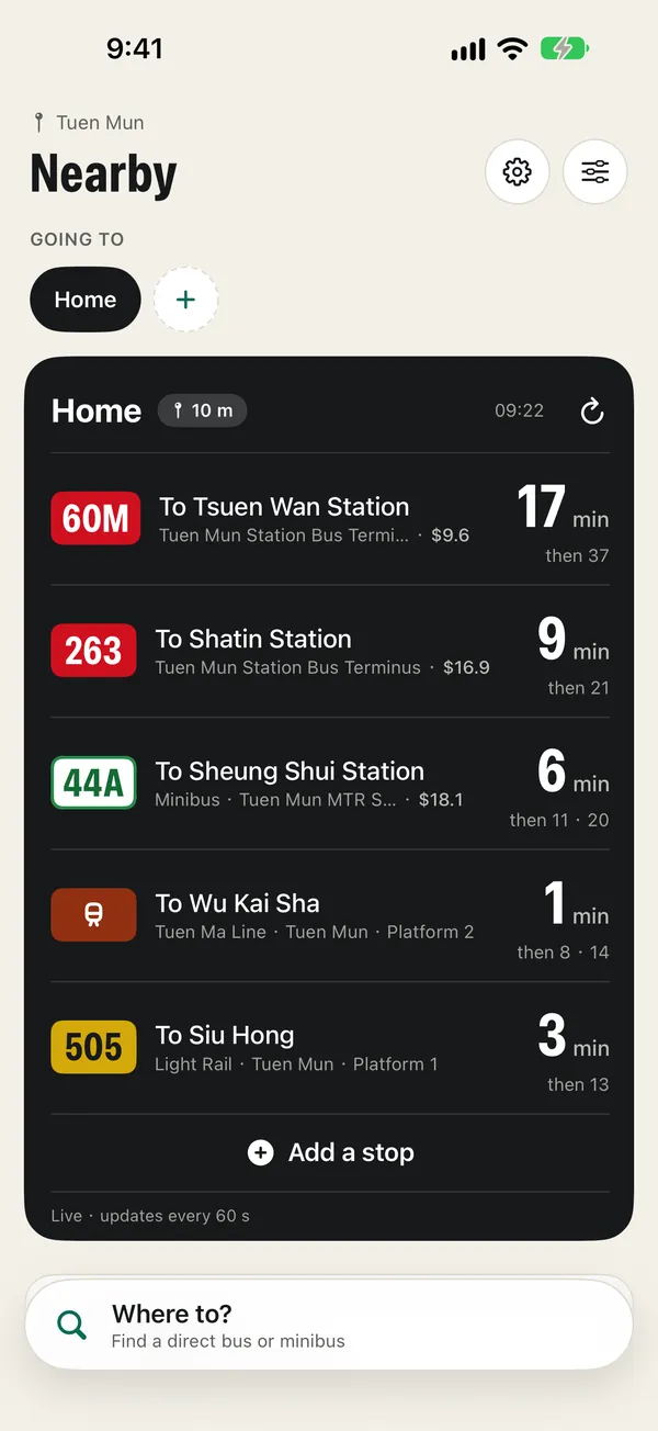 The Nearby screen: a Home group with bus, minibus, MTR, and Light Rail rows, each counting down to its next departure